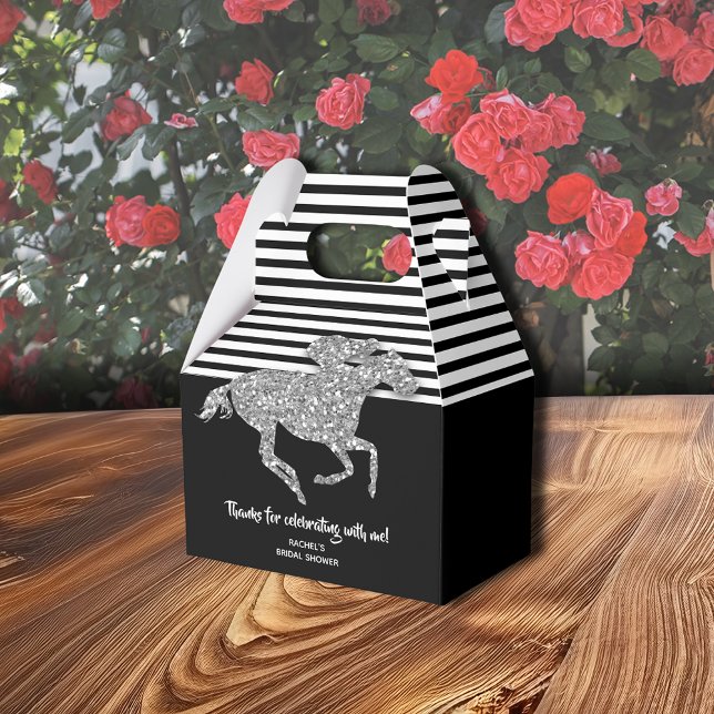 Silver Racehorse Derby Bridal Shower Favour Box (Silver racehorse gable-style favor box with  thank you on the front, 4"w x 2.5"l x 5"h)