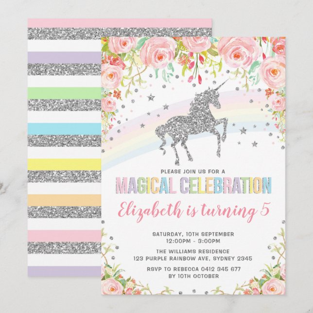 Silver Rainbow Unicorn Birthday Party Invitation (Front/Back)