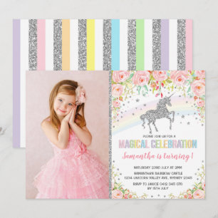 Silver Rainbow Unicorn Pink Floral Birthday Invitation
