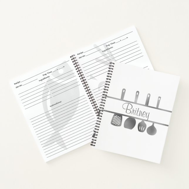 Silver Recipe Cookbook Utensils Personalised Notebook (Inside)