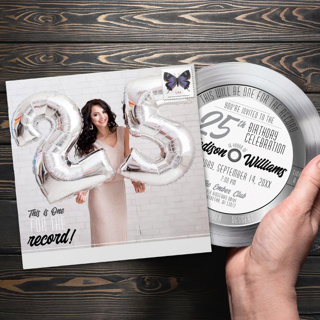 Silver Record Album Photo 25th Birthday Invitation Envelope (Unique square photo album cover return address envelope for round vinyl record 25th birthday invite)