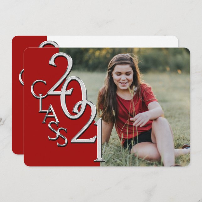 Silver Red 2021 Photo Graduation Invitation (Front/Back)