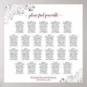 Silver & Red 22 Table White Wedding Seating Chart