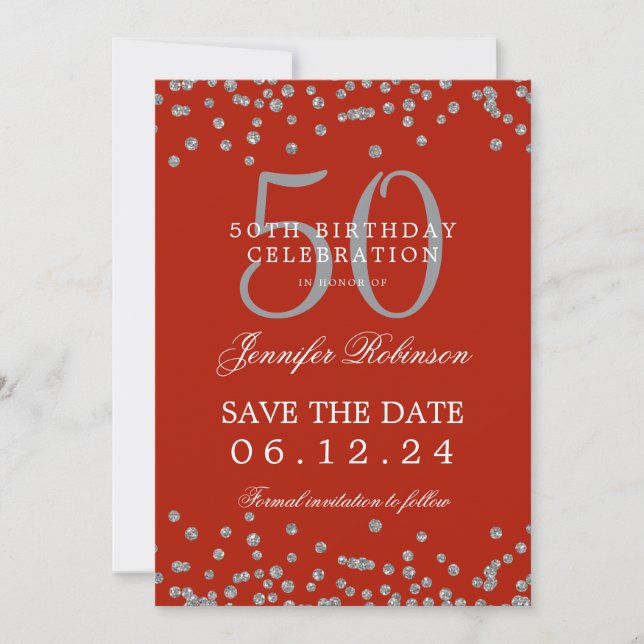 Silver Red 50th Birthday Save the Date Confetti Invitation (Front)