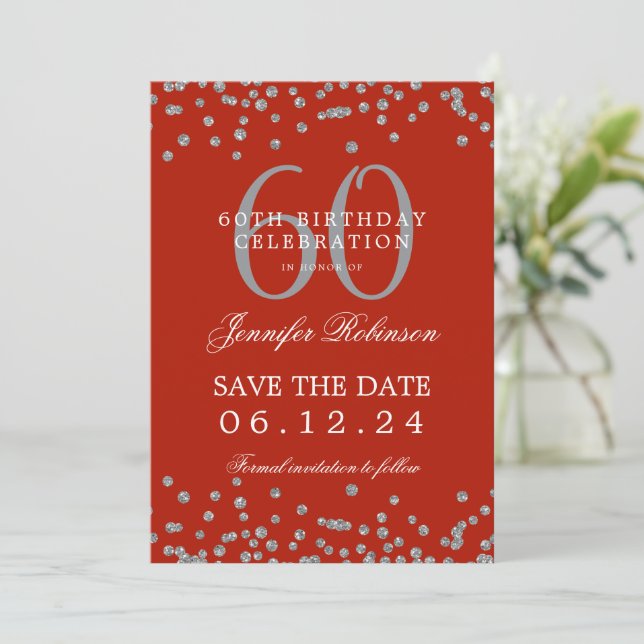 Silver Red 60th Birthday Save Date Details Invitation (Standing Front)