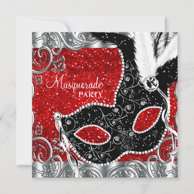 Silver Red and Black Mask Masquerade Party Invitation (Front)