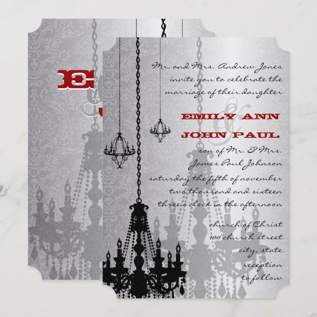 Silver Red & Black Chandeliers Damask Wedding Invitation (Front/Back)