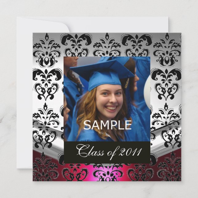 SILVER RED,BLACK DAMASK GRADUATION MONOGRAM ANNOUNCEMENT (Front)