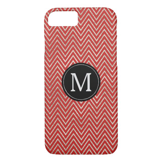 Silver Red Chevron Stripes Monogram Case-Mate iPhone Case (Back)