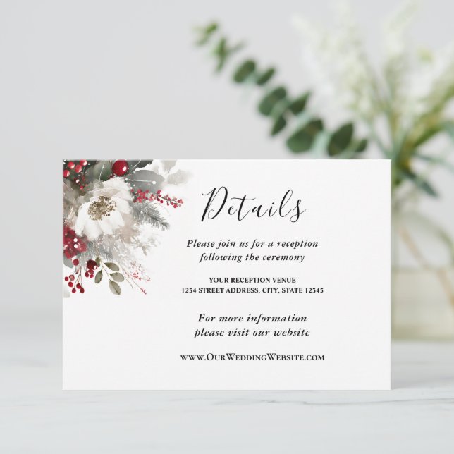 Silver Red Christmas Winter Floral Wedding Enclosure Card (Standing Front)
