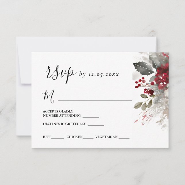 Silver Red Christmas Winter Floral Wedding RSVP Card (Front)