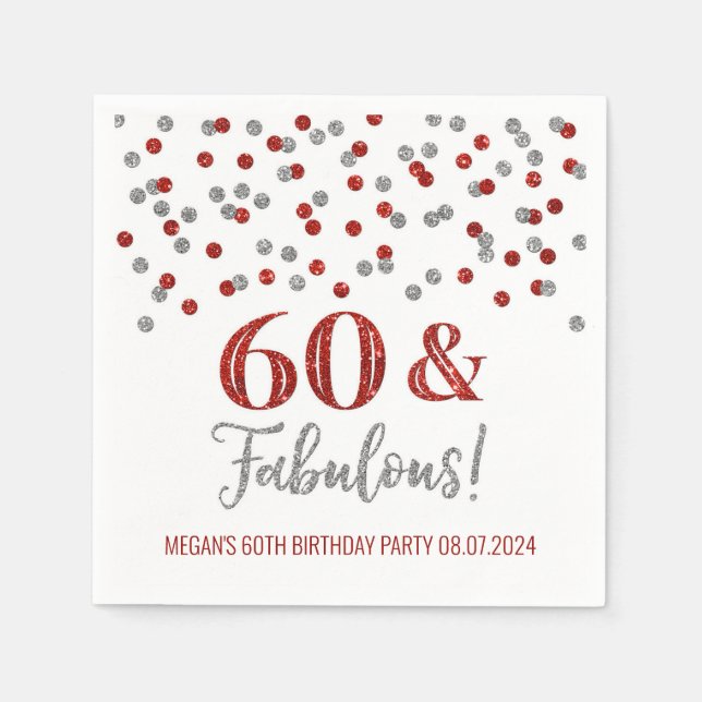 Silver Red Confetti 60 & Fabulous Napkin (Front)