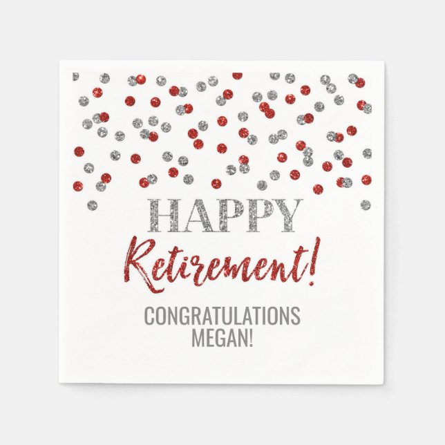 Silver Red Confetti Happy Retirement Napkin (Front)