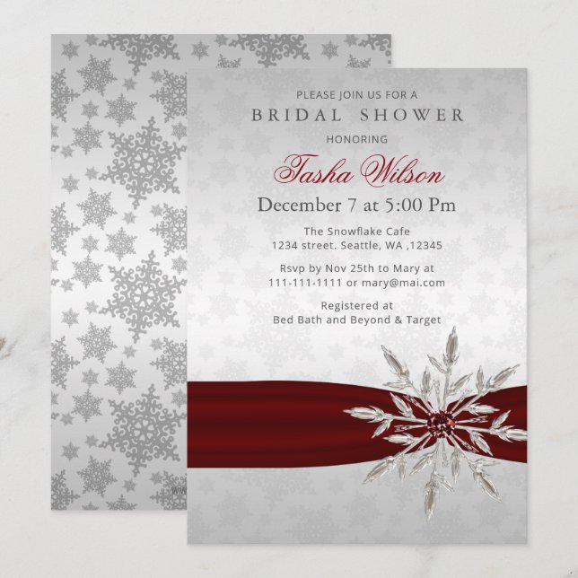 Silver Red Crystal Snowflakes Winter Bridal Shower Invitation (Front/Back)