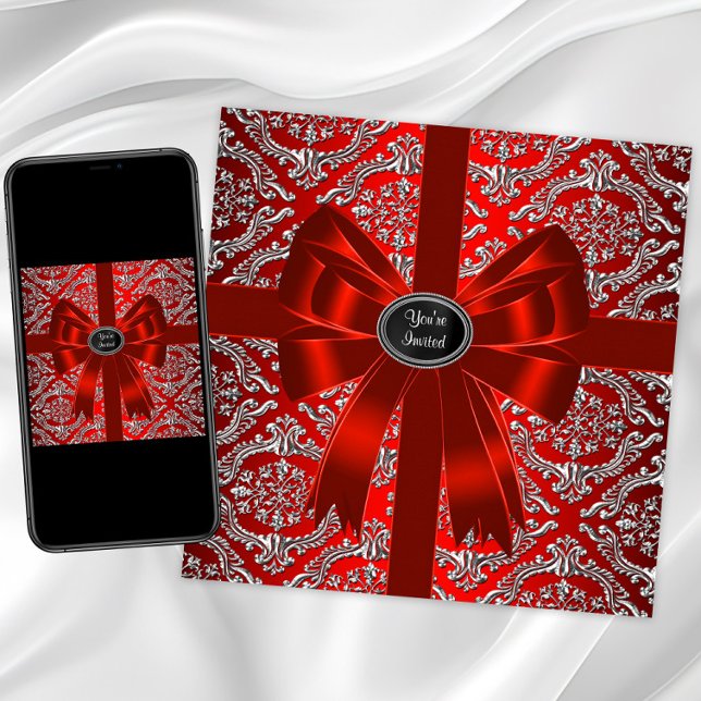 Silver Red Damask Corporate Christmas Party Invitation (Rd silver any occasion invitation. Instant download and printed invitations available.)