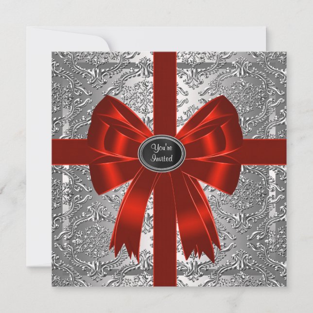 Silver Red Damask Corporate Christmas Party Invitation (Front)