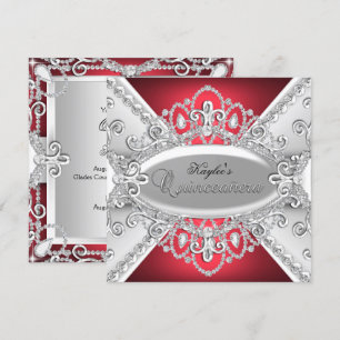 Silver & Red Diamond Damask Quinceanera Invite