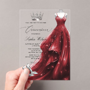 Silver Red Dress Princess Quinceañera  Acrylic Invitations