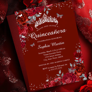 Silver Red Elegant Floral Butterfly Quinceanera 