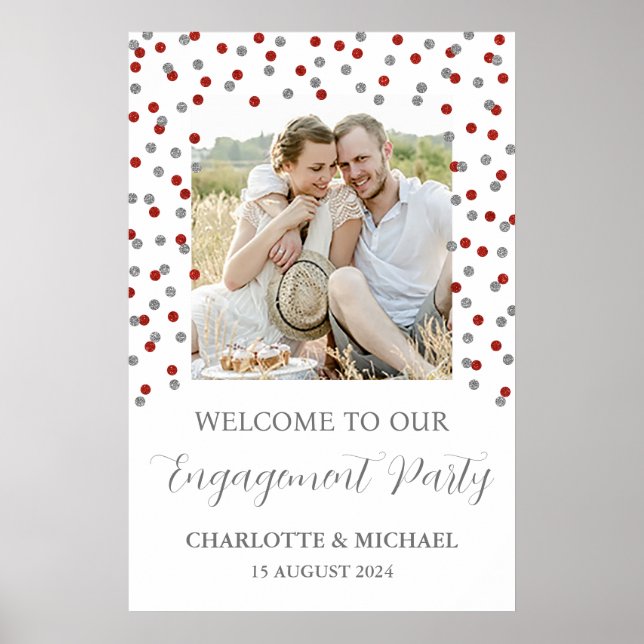 Silver Red Engagement Party Custom 20x30 Photo Poster (Front)