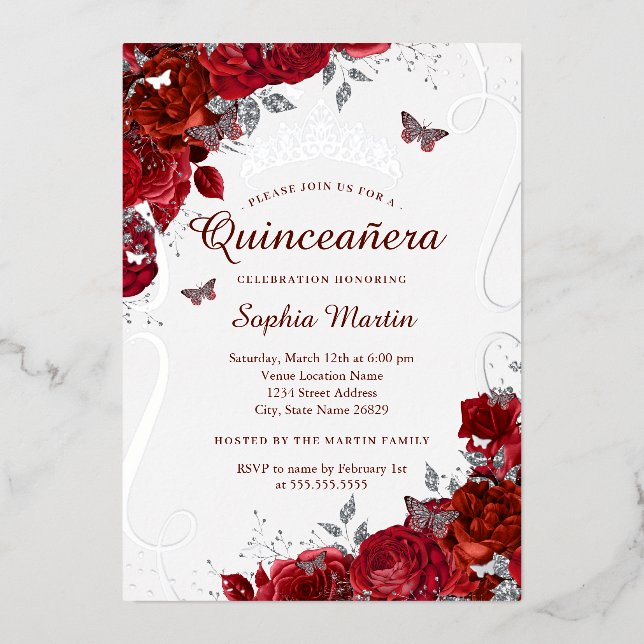 Silver Red Floral Butterfly Elegant Quinceanera  (Front)