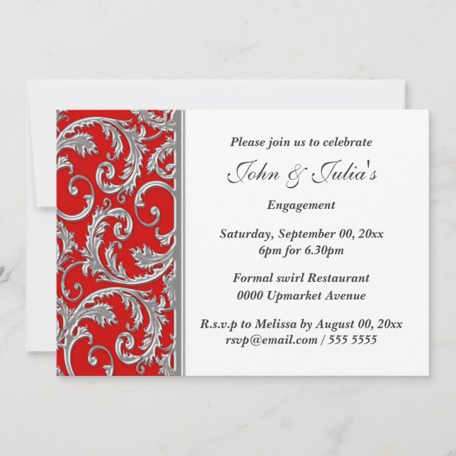 Silver red floral paisley flourish engagement chic invitation (Front)