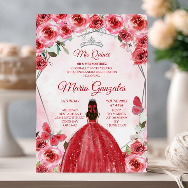 Silver Red Flower Mexican Girl Sweet 15th Birthday Invitation (Creator Uploaded)