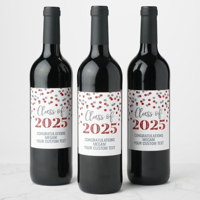 Silver Red Glitter Class of 2025 Graduation Wine Label (Bottles)