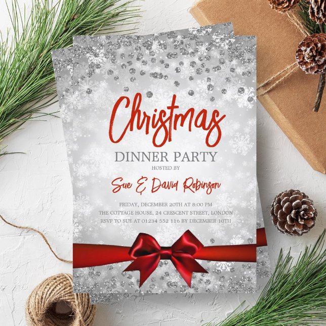 Silver Red Glitter Ribbon Christmas Holiday Invitation (Silver Red Glitter Ribbon Christmas Holiday Invitation)