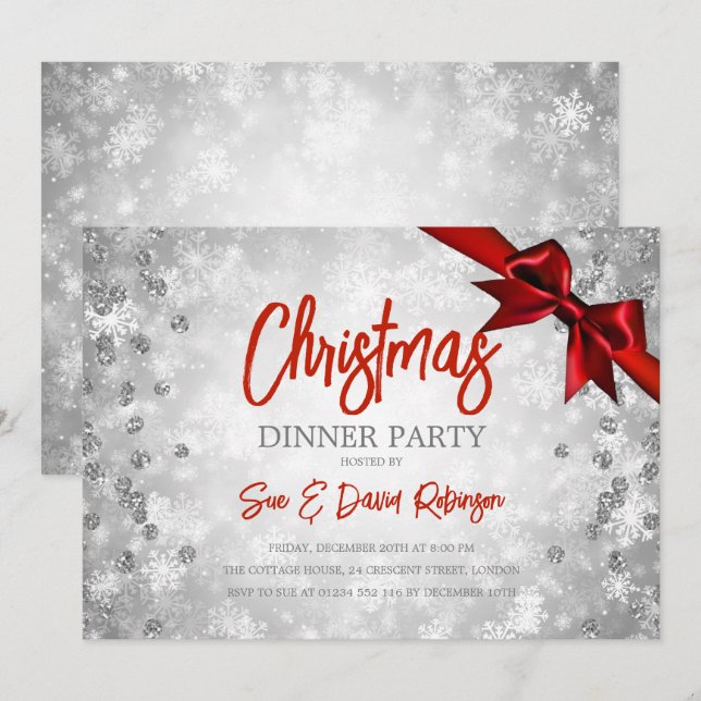 Silver Red Glitter Ribbon Christmas Holiday  Invitation (Front/Back)