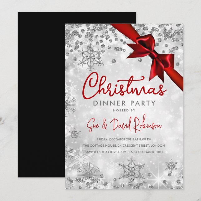 Silver Red Glitter Ribbon Xmas Winter Holiday Invitation (Front/Back)