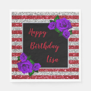 Silver Red Glitter Stripes Purple Roses Birthday Napkin