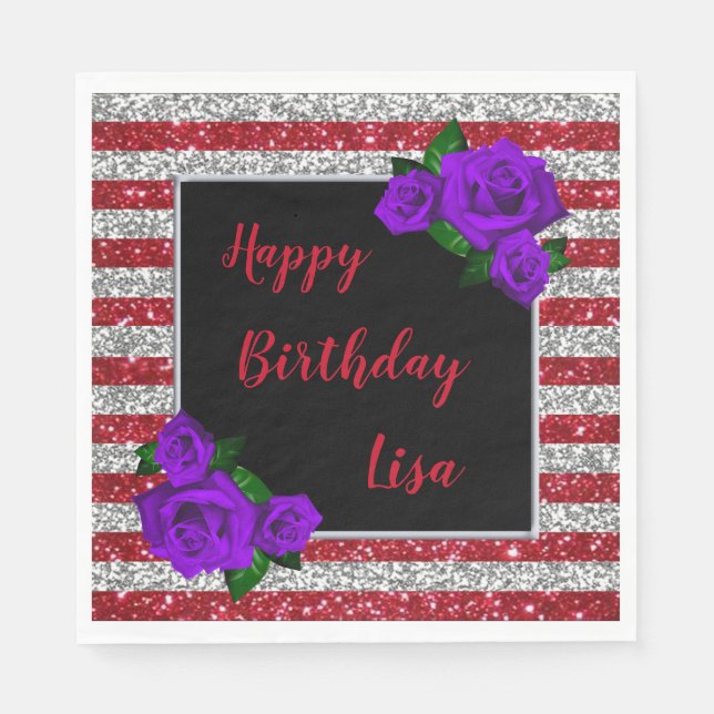 Silver Red Glitter Stripes Purple Roses Birthday Napkin (Front)