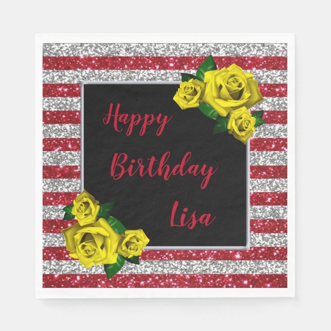Silver Red Glitter Stripes Yellow Roses Birthday Napkin (Front)