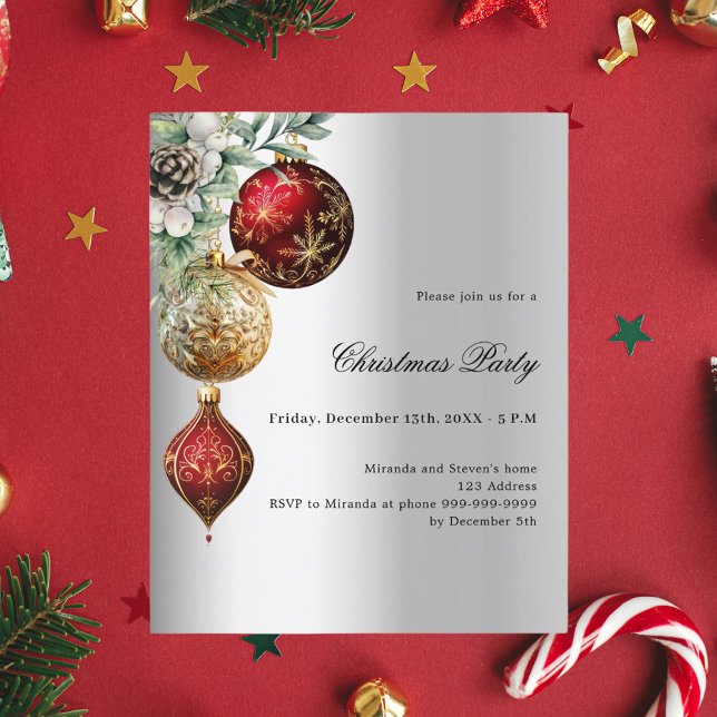 Silver red gold baubles Christmas Party invitation (Creator Uploaded)