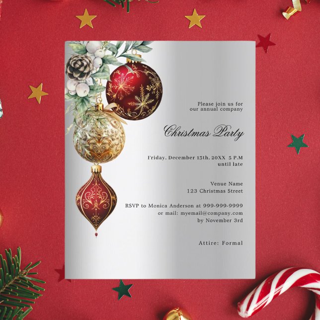 Silver red gold baubles Christmas Party invitation (Creator Uploaded)