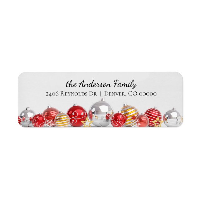 Silver Red Gold Christmas Bulbs Return Address (Front)