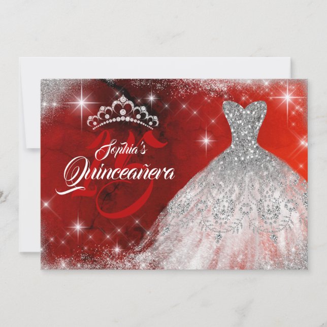Silver Red Lace Diamond Gown Tiara Quinceanera Invitation (Front)
