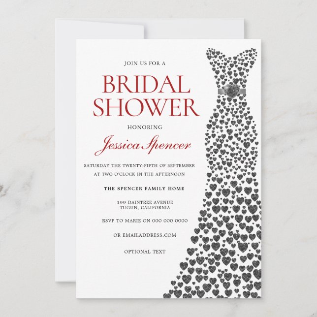 Silver & Red Love Heart Dress Bridal Shower Invite (Front)