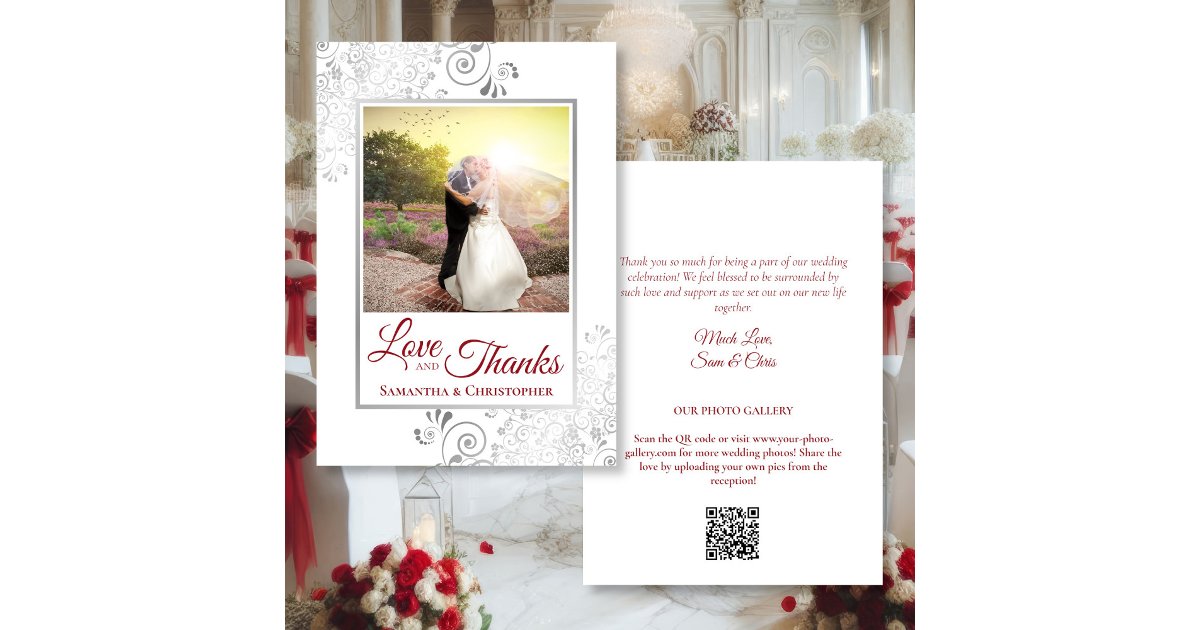 Silver & Red Love & Thanks Photo QR Code Wedding Thank You Card | Zazzle