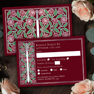 Silver Red Mediaeval Floral Sword Wedding RSVP Card