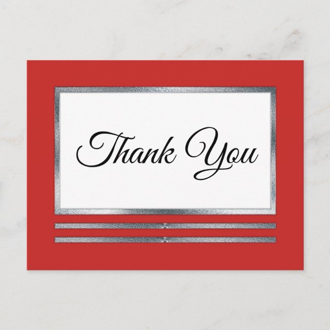 Silver | Red Modern Simple Elegant Thank You Postcard (Front)