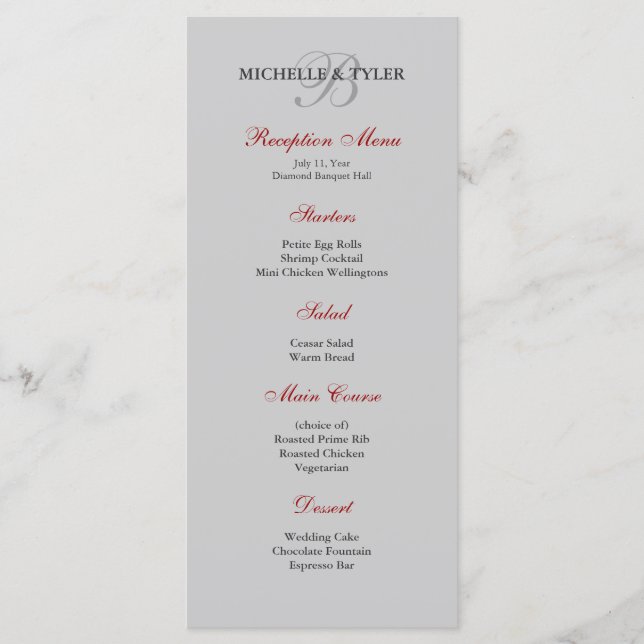 Silver & Red Monogram Reception Menu (Front)
