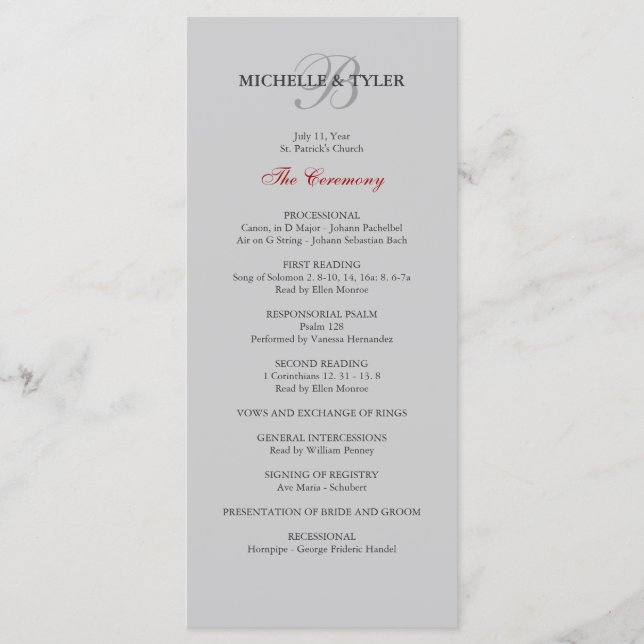 Silver & Red Monogram Wedding Program Programme (Front)