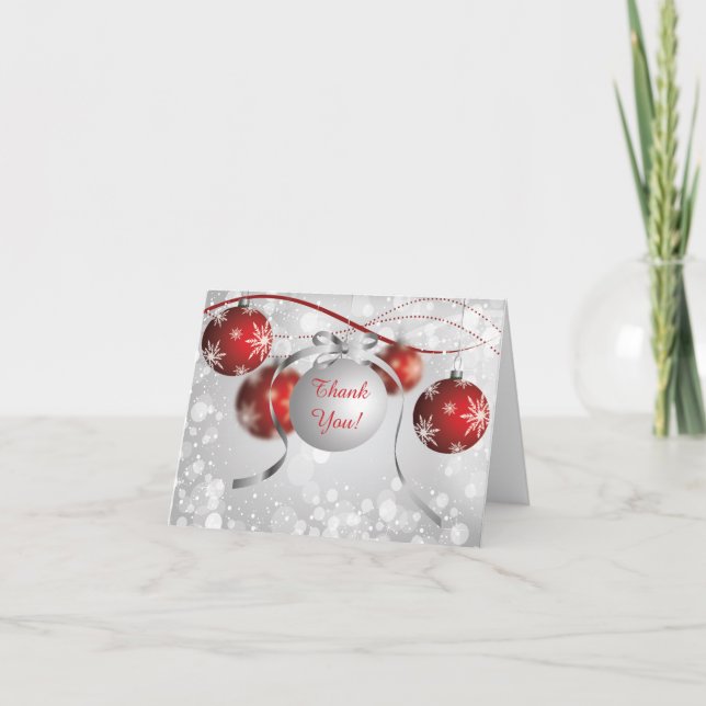 Silver & Red Ornaments Bokeh Christmas Thank You (Front)