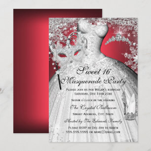 Silver Red Princess Masquerade Sweet 16 Invite
