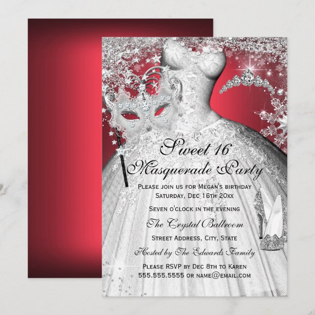 Silver Red Princess Masquerade Sweet 16 Invite (Front/Back)