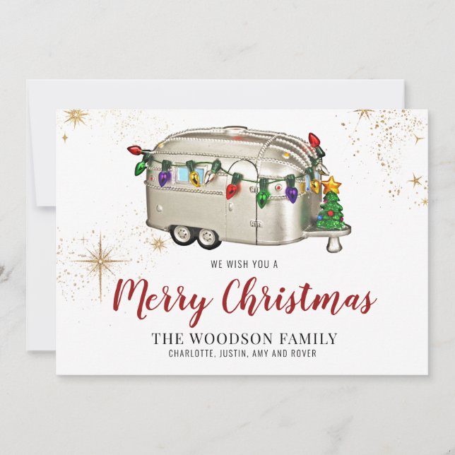 Silver Red Retro Vintage Camper Christmas Card (Front)
