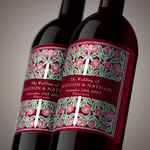 Silver Red Royal Mediaeval Floral Sword Wedding Wine Label