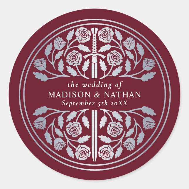 Silver Red Royal Mediaeval Sword Wedding  Classic Round Sticker (Front)